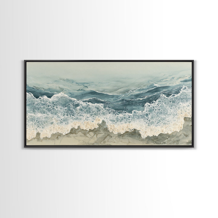 Calming Blue Ocean Wave Study Framed Canvas Print, Bathroom Art, Contemporary Art, Bathroom Decor, Oil Painting, Spa, BAT-2x1-45