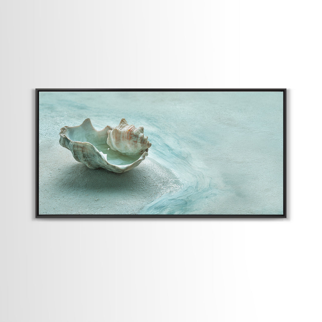 Minimal Seashell Still Life on Pale Sand Canvas Print, Bathroom Art, Bathroom Wall Art, Bathroom Decor, Oil Painting, Spa, BAT-2x1-47