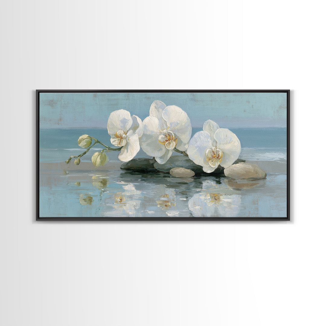 White Orchid on Warm Stone Background Canvas Print, Bathroom Art, Poster, Bathroom Decor, Fine Art, Spa, Digital Print, BAT-2x1-48