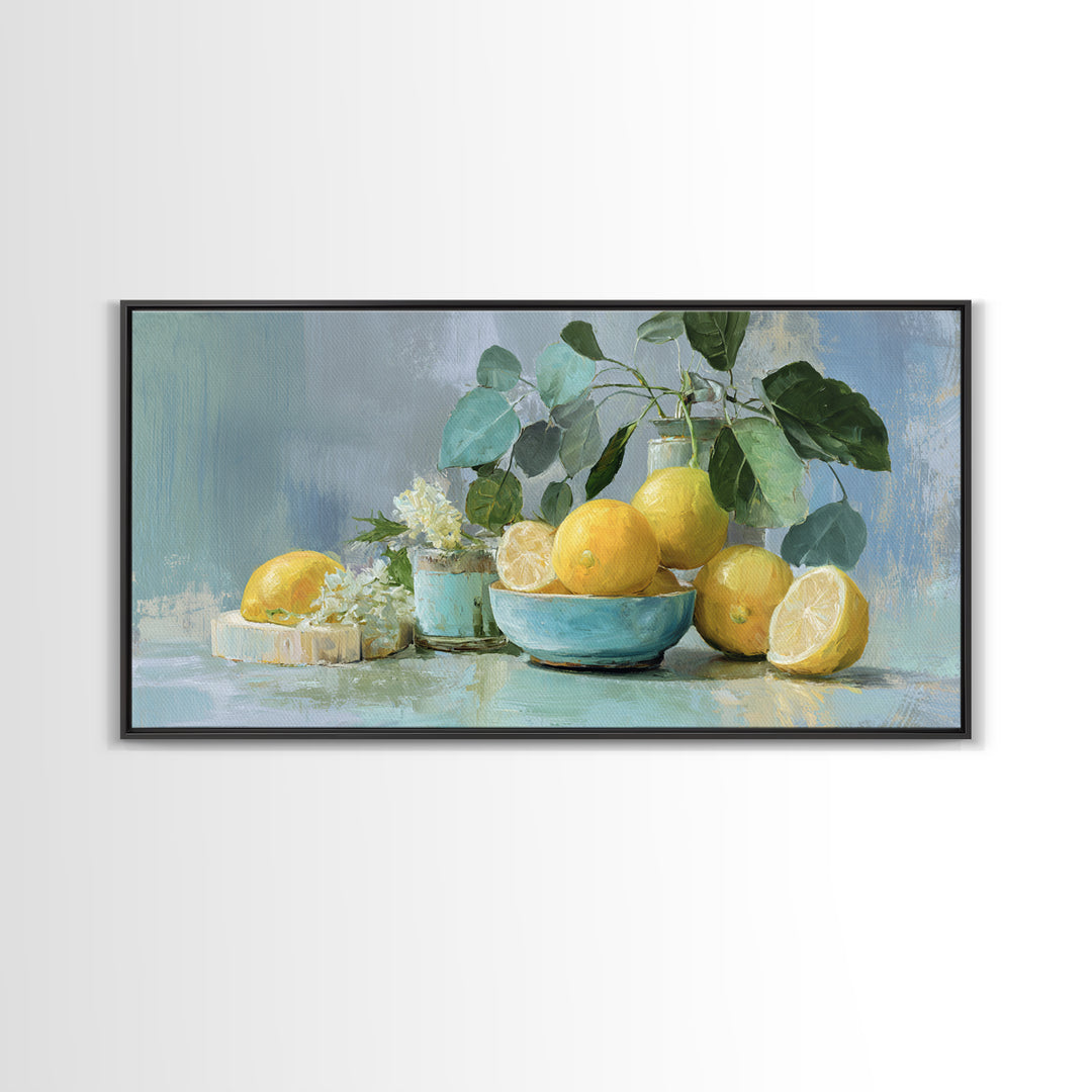 Lemon and Botanical Still Life Framed Canvas Print, Bathroom Art, Luxury Decor, Bathroom Decor, Oil Painting, Spa, BAT-2x1-50
