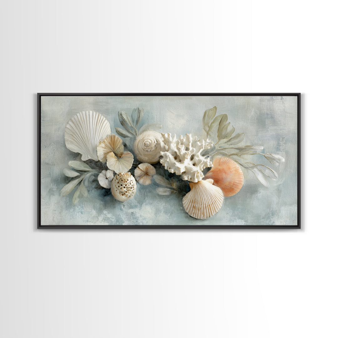Coral and Shell Arrangement Framed Canvas Print, Bathroom Art, Wall Hanging, Bathroom Decor, Fine Art, Spa, Modern Art, BAT-2x1-55