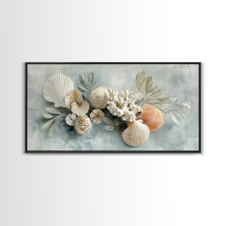 Coral and Shell Arrangement Framed Canvas Print, Bathroom Art, Wall Hanging, Bathroom Decor, Fine Art, Spa, Modern Art, BAT-2x1-55