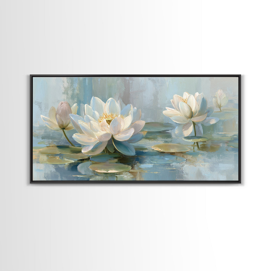 Lotus Flower Floating on Calm Water Canvas Print, Bathroom Art, Digital Wall Art, Bathroom Decor, Oil Painting, Spa, BAT-2x1-64