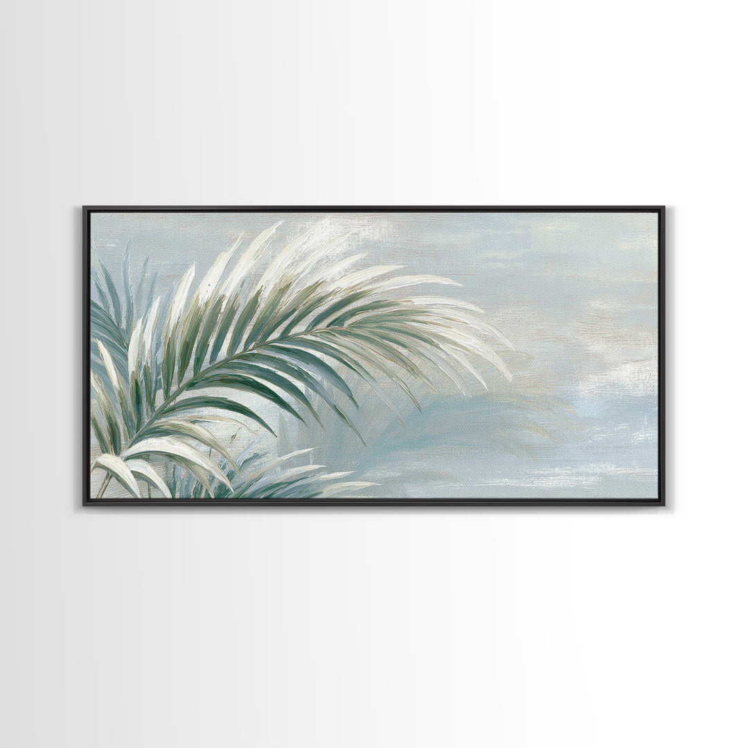 Simple Palm Frond on Off White Linen Framed Canvas Print, Bathroom Art, Minimalist Wall Art, Bathroom Decor, Fine Art, Spa, BAT-2x1-67