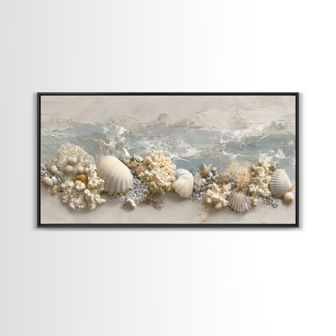 Coral and Shell Arrangement Framed Canvas Print, Bathroom Art, Contemporary Art, Bathroom Decor, Fine Art, Spa, Framed Wall Art, BAT-2x1-7