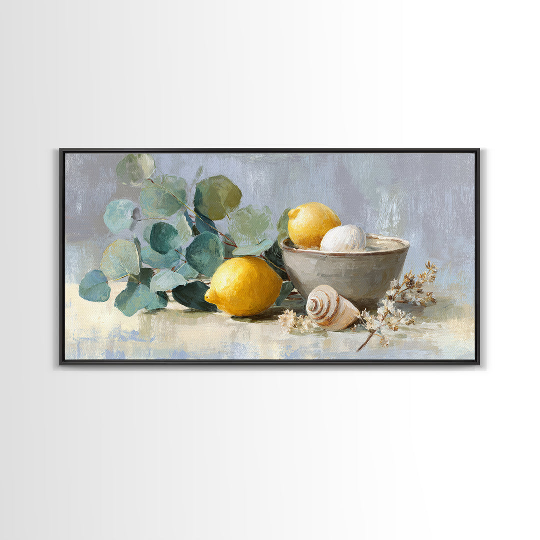 Lemon and Botanical Still Life Canvas Print, Bathroom Art, Bathroom Decor, Watercolor Art, Spa, Framed Wall Art, BAT-2x1-74