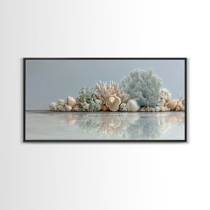 Coral and Shell Arrangement Framed Canvas Print, Bathroom Art, Bathroom Accessories, Bathroom Decor, Spa, Fine Art Print, BAT-2x1-79