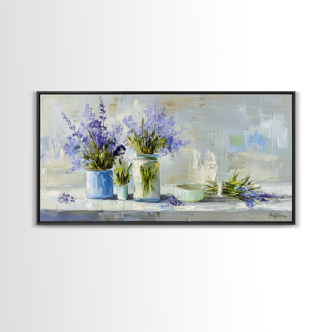 Lavender Sprigs in a Ceramic Vase Framed Canvas Print, Bathroom Art, Dopamine Decor, Bathroom Decor, Spa, Halloween Art, BAT-2x1-80