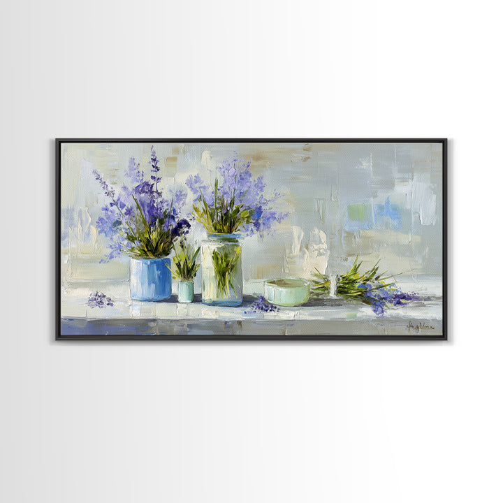 Lavender Sprigs in a Ceramic Vase Framed Canvas Print, Bathroom Art, Dopamine Decor, Bathroom Decor, Spa, Halloween Art, BAT-2x1-80