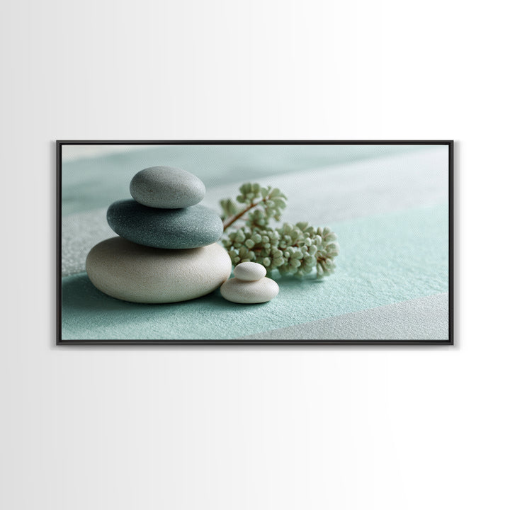 Monochrome Pebble Stack Framed Canvas Print, Bathroom Art, Poster, Bathroom Decor, Watercolor Art, Spa, Digital Print, BAT-2x1-81