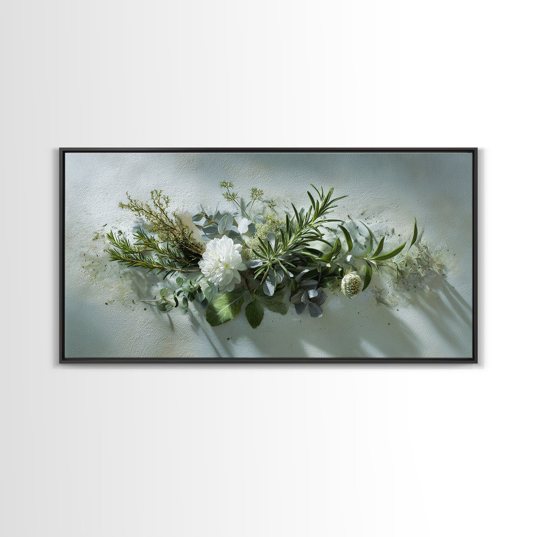 Botanical Bath Herb Arrangement Framed Canvas Print, Bathroom Art, Digital Art, Bathroom Decor, Fine Art, Spa, Dopamine Decor, BAT-2x1-85