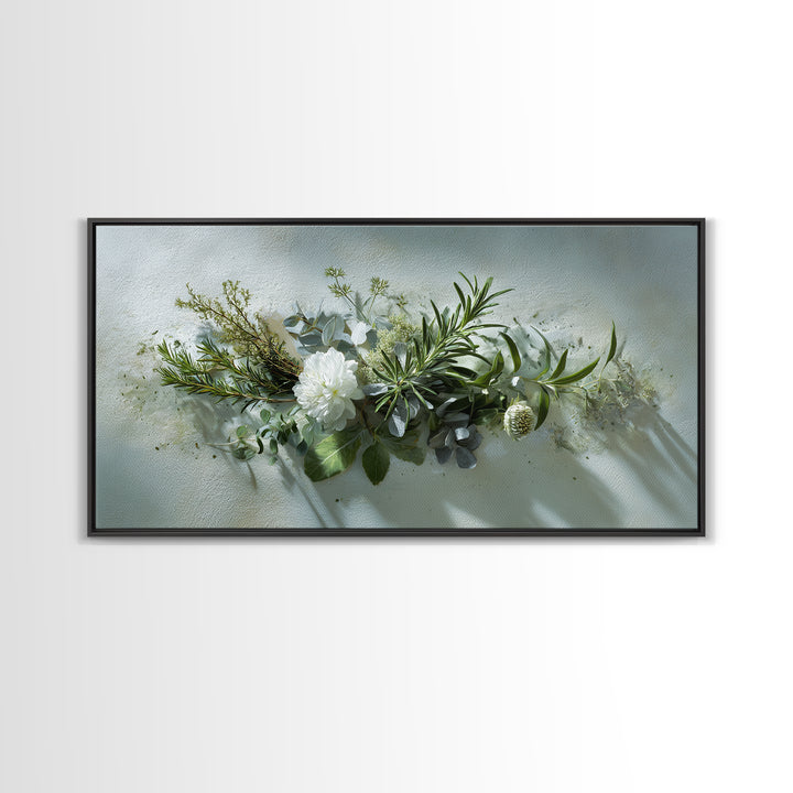 Botanical Bath Herb Arrangement Framed Canvas Print, Bathroom Art, Digital Art, Bathroom Decor, Fine Art, Spa, Dopamine Decor, BAT-2x1-85