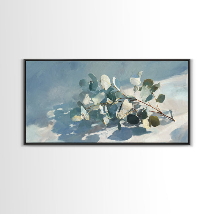 Sunlit Window Plant Shadow on Plaster Framed Canvas Print, Bathroom Art, Textured Painting, Bathroom Decor, Fine Art, Spa, BAT-2x1-86