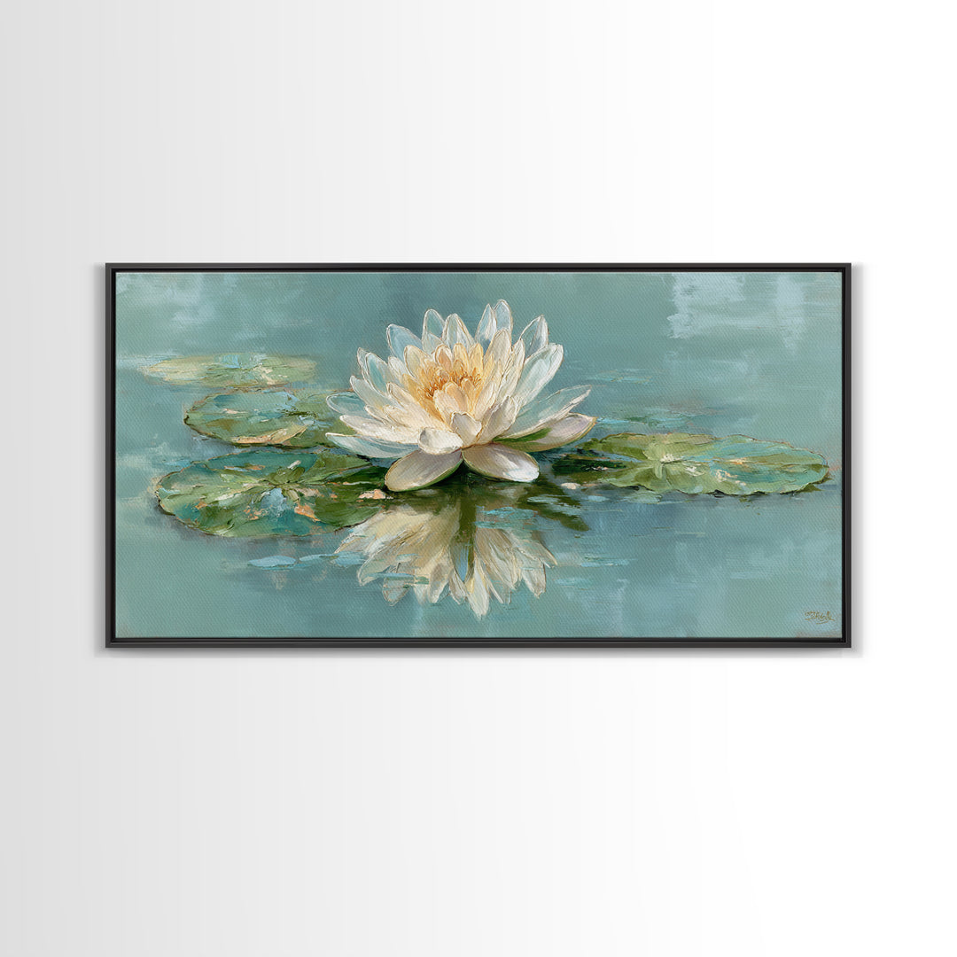 Lotus Flower Floating on Calm Water Framed Canvas Print, Bathroom Art, Framed Wall Art, Bathroom Decor, Watercolor Art, Spa, BAT-2x1-88