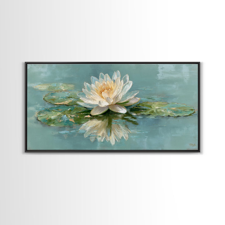 Lotus Flower Floating on Calm Water Framed Canvas Print, Bathroom Art, Framed Wall Art, Bathroom Decor, Watercolor Art, Spa, BAT-2x1-88