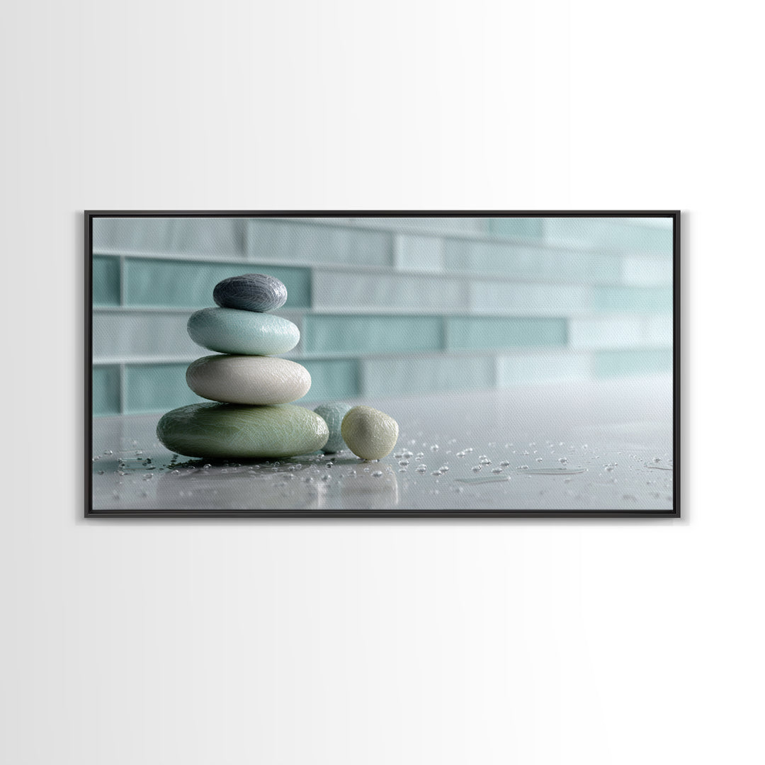Monochrome Pebble Stack Framed Canvas Print, Bathroom Art, Statement Artwork, Bathroom Decor, Fine Art, Spa, Digital Art, BAT-2x1-9