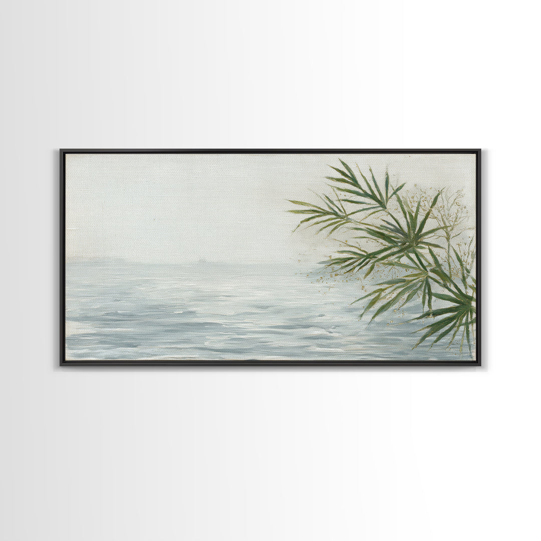 Simple Palm Frond on Off White Linen Framed Canvas Print, Bathroom Art, Digital Art, Bathroom Decor, Abstract Art, Spa, BAT-2x1-91