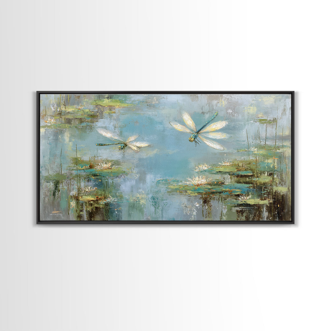 Delicate Dragonfly Above a Pond Surface Framed Canvas Print, Bathroom Art, Dog Portrait, Bathroom Decor, Oil Painting, Spa, BAT-2x1-92