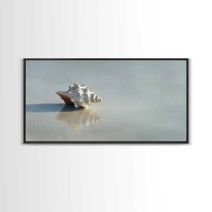 Minimal Seashell Still Life on Pale Sand Framed Canvas Print, Bathroom Art, Bathroom Wallpaper, Bathroom Decor, Fine Art, Spa, BAT-2x1-95