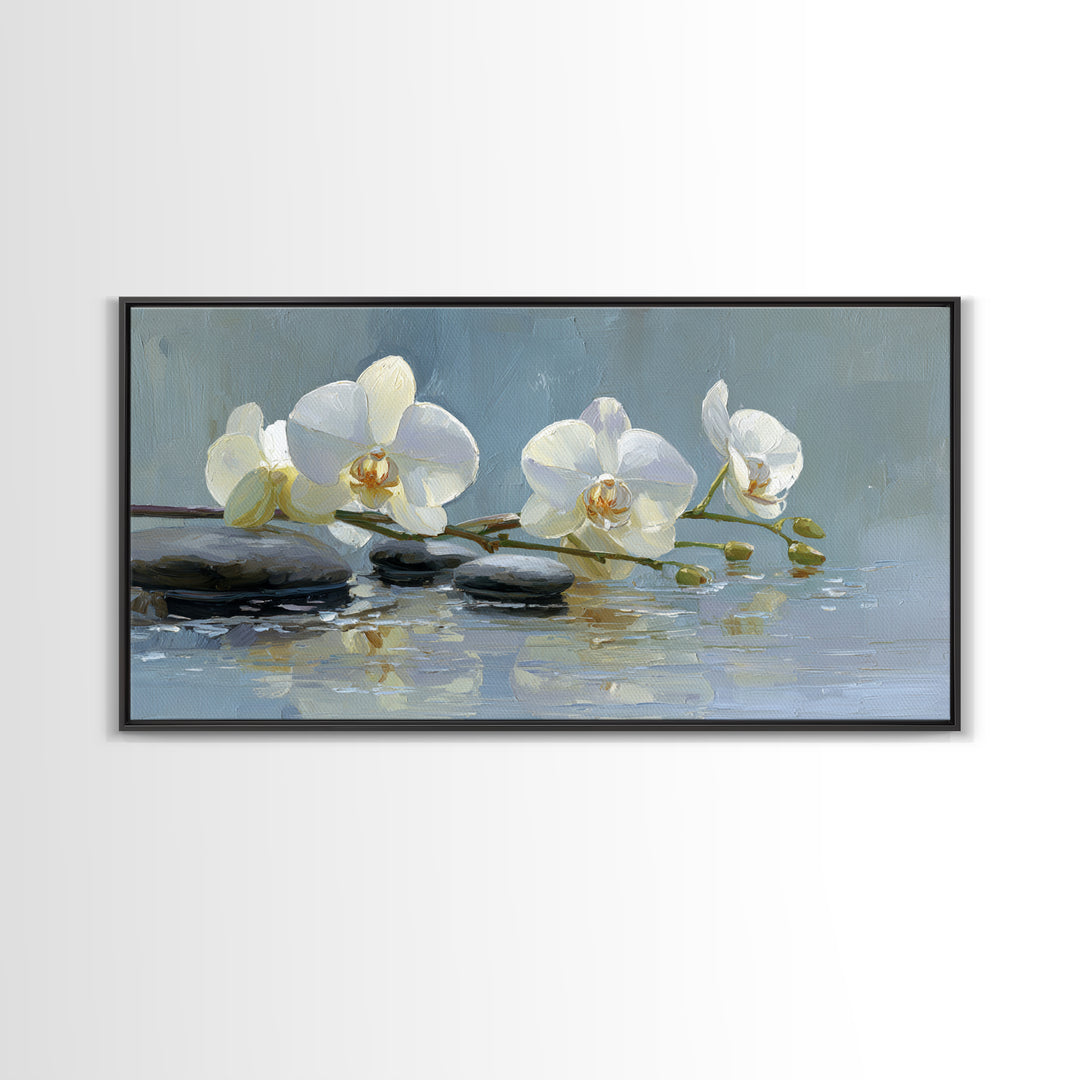 White Orchid on Warm Stone Background Framed Canvas Print, Bathroom Art, Modern Wall Art, Bathroom Decor, Oil Painting, Spa, BAT-2x1-96