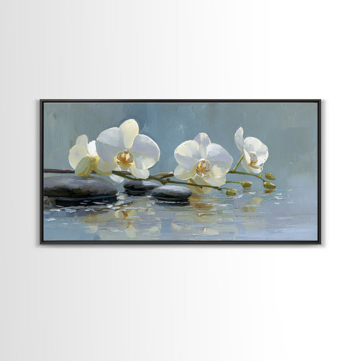 White Orchid on Warm Stone Background Framed Canvas Print, Bathroom Art, Modern Wall Art, Bathroom Decor, Oil Painting, Spa, BAT-2x1-96
