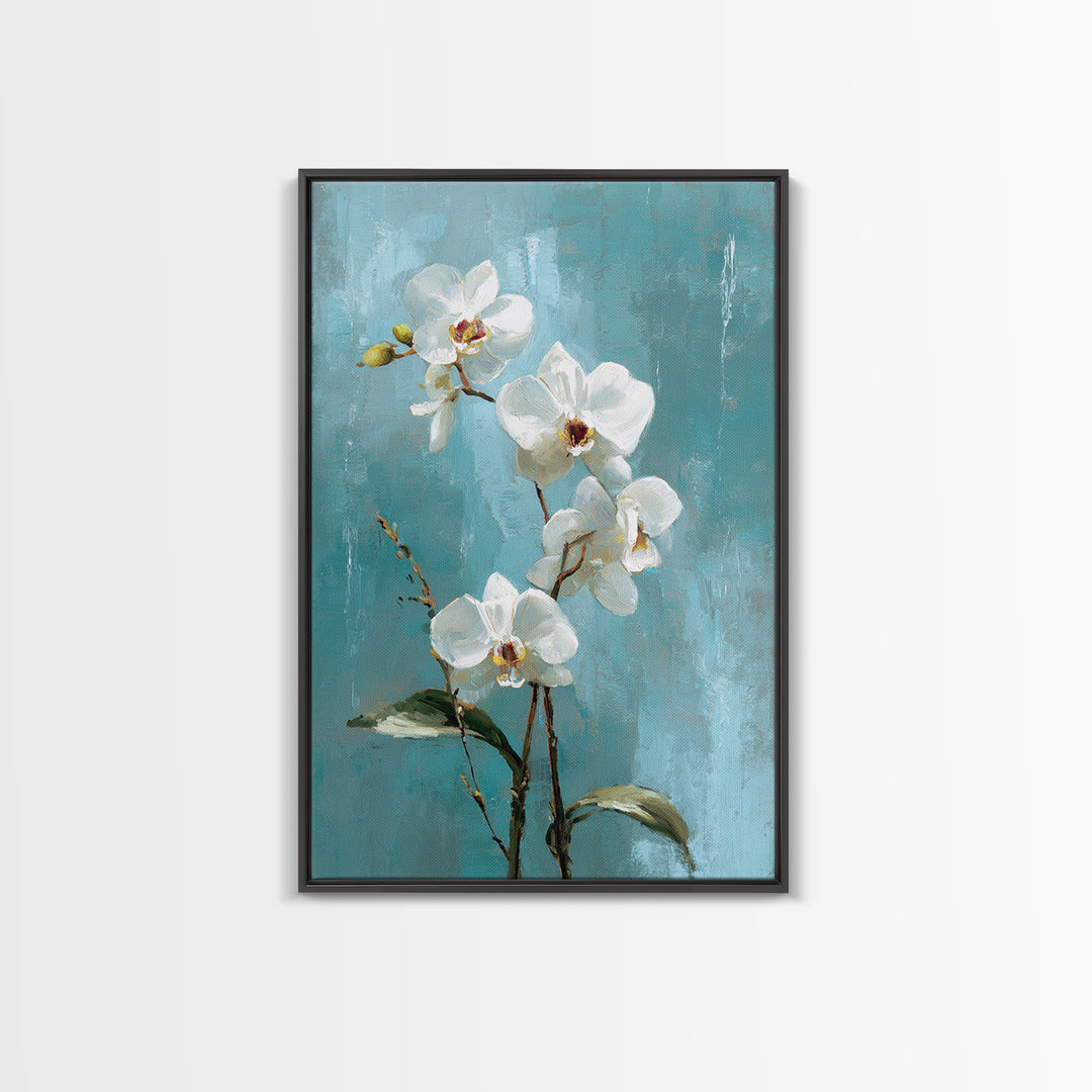 White Orchid on Warm Stone Background Framed Canvas Print, Bathroom Art, Fine Art Print, Bathroom Decor, Oil Painting, Spa, BAT-2x3-12