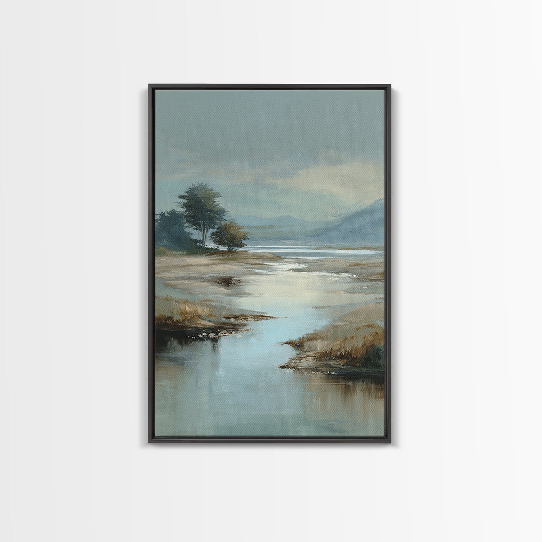 Misty Lake Scene Framed Canvas Print, Bathroom Art, Textured Painting, Bathroom Decor, Fine Art, Spa, Bathroom Wall Art, BAT-2x3-17