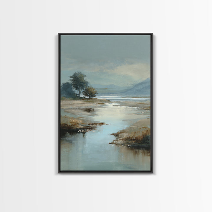 Misty Lake Scene Framed Canvas Print, Bathroom Art, Textured Painting, Bathroom Decor, Fine Art, Spa, Bathroom Wall Art, BAT-2x3-17