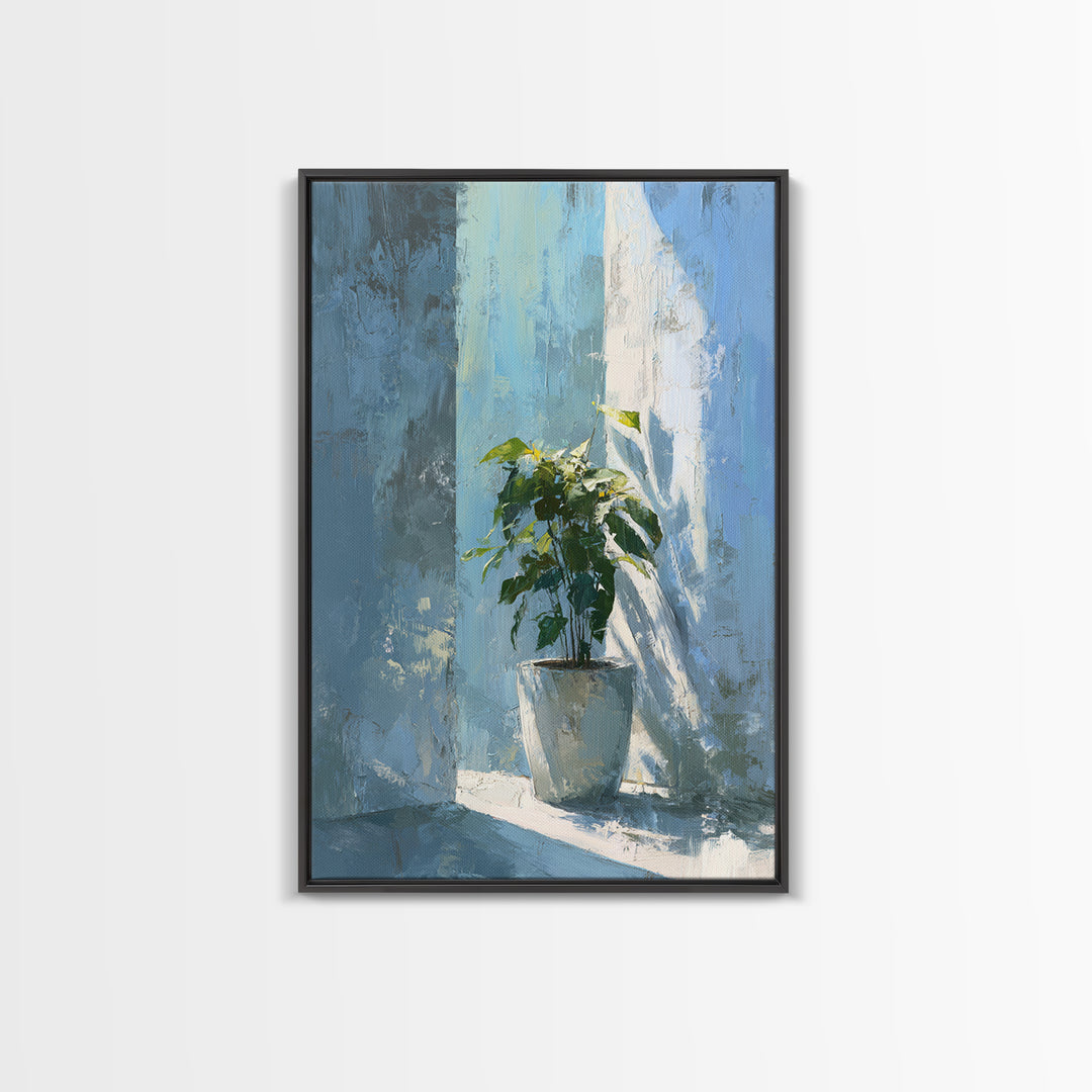 Sunlit Window Plant Shadow on Plaster Framed Canvas Print, Bathroom Art, Gallery Decor, Bathroom Decor, Abstract Art, Spa, BAT-2x3-2