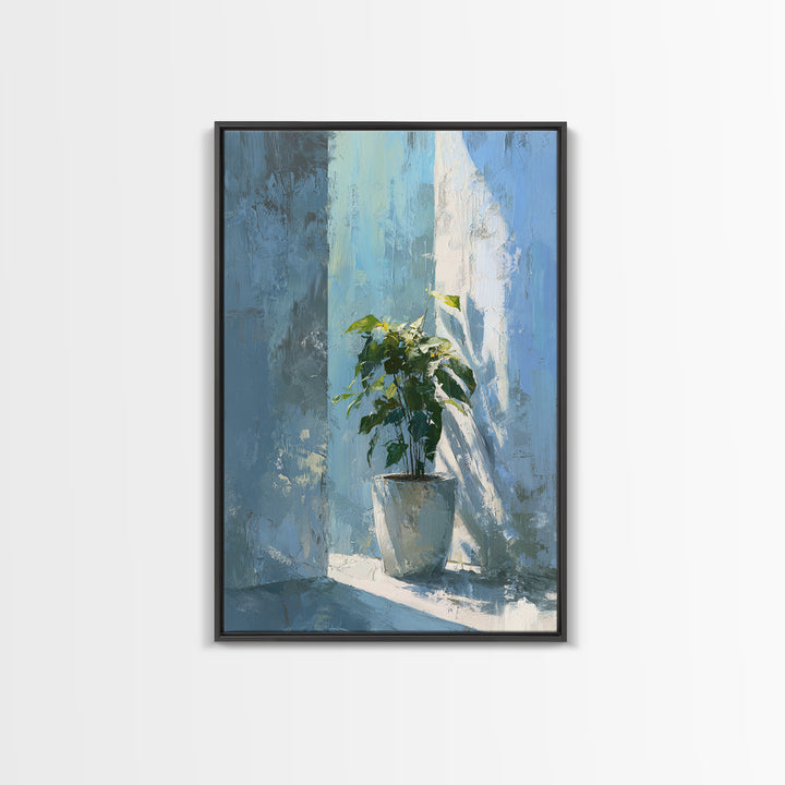 Sunlit Window Plant Shadow on Plaster Framed Canvas Print, Bathroom Art, Gallery Decor, Bathroom Decor, Abstract Art, Spa, BAT-2x3-2