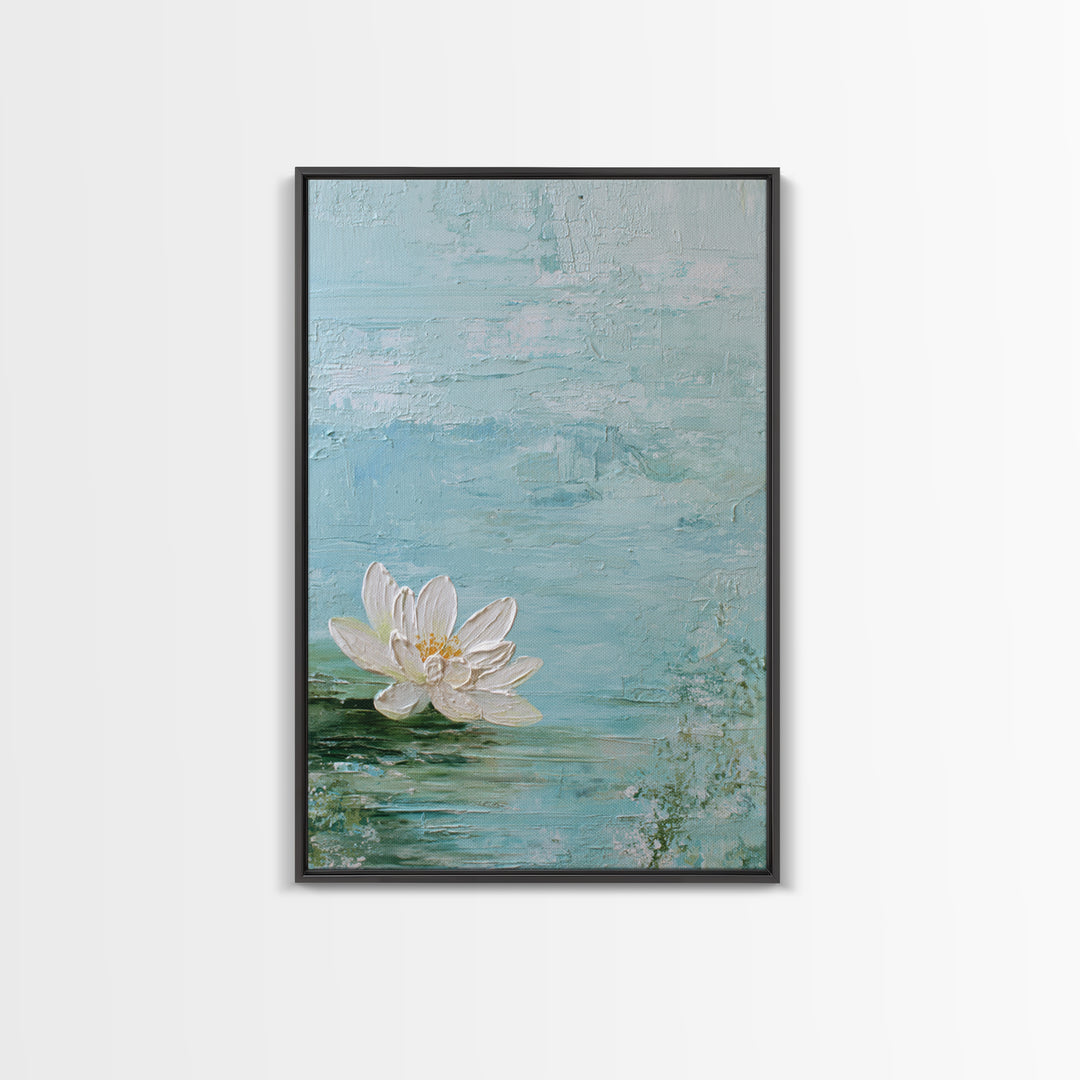 Lotus Flower Floating on Calm Water Framed Canvas Print, Bathroom Art, Printable Wall Art, Bathroom Decor, Oil Painting, Spa, BAT-2x3-28