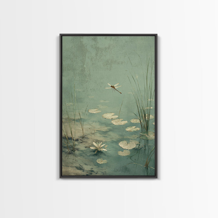 Delicate Dragonfly Above a Pond Surface Canvas Print, Bathroom Art, Bathroom Wall Decor, Bathroom Decor, Fine Art, Spa, BAT-2x3-32
