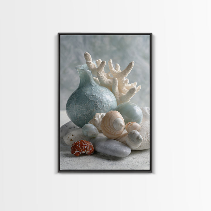 Coral and Shell Arrangement Framed Canvas Print, Bathroom Art, Neutral Decor, Bathroom Decor, Fine Art, Spa, Wall Art, BAT-2x3-43