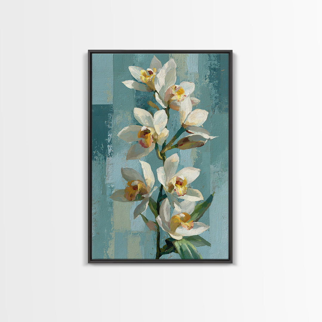 White Orchid on Warm Stone Background Framed Canvas Print, Bathroom Art, Statement Artwork, Bathroom Decor, Fine Art, Spa, BAT-2x3-60