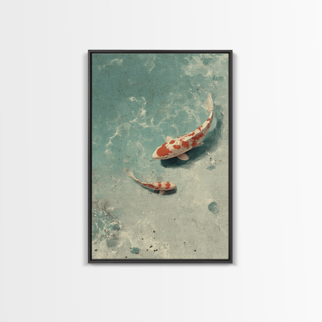Minimal Koi Fish Swimming Through Clear Water Framed Canvas Print, Bathroom Art, Gallery Decor, Bathroom Decor, Fine Art, Spa, BAT-2x3-64