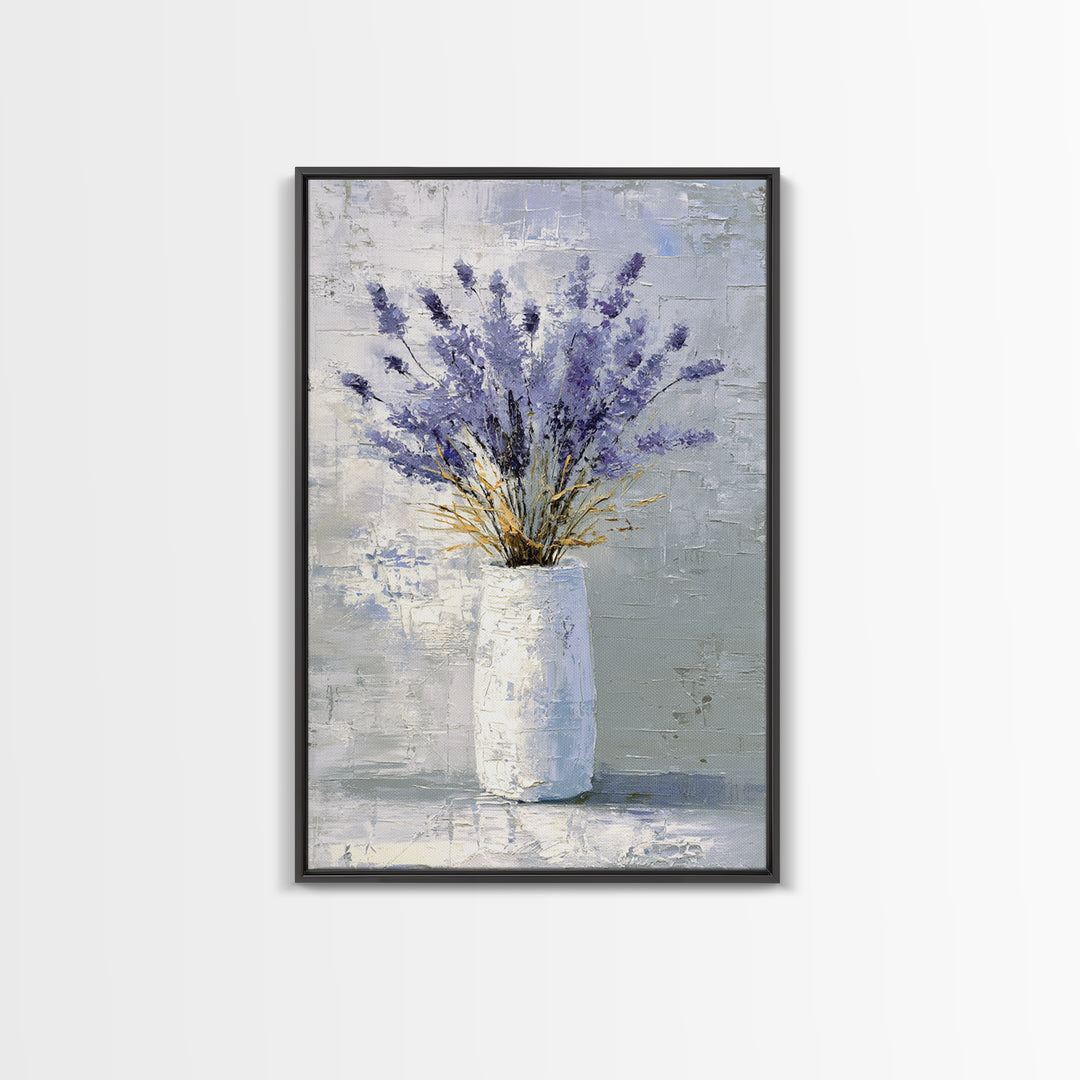 Lavender Sprigs in a Ceramic Vase Framed Canvas Print, Bathroom Art, Minimalist Decor, Bathroom Decor, Fine Art, Spa, BAT-2x3-68