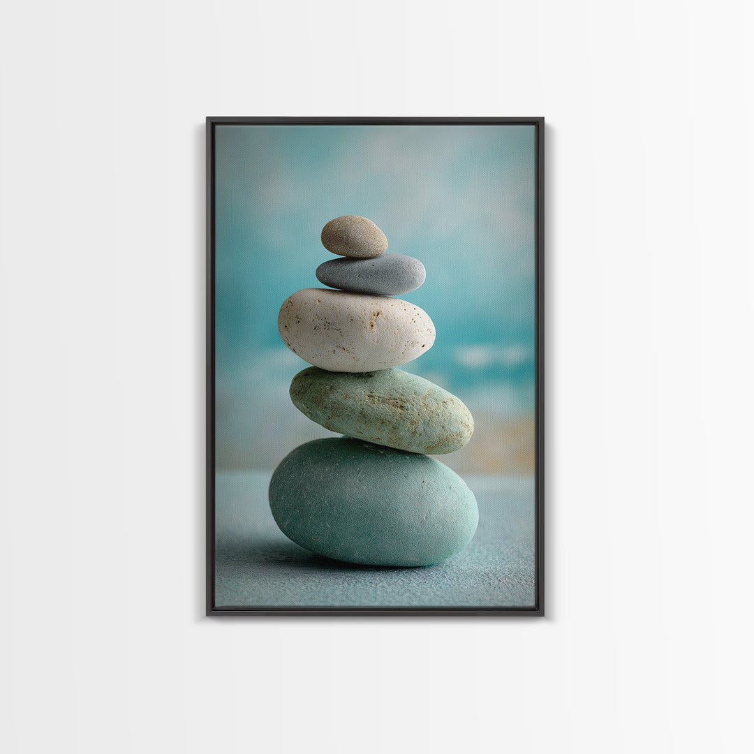 Monochrome Pebble Stack Framed Canvas Print, Bathroom Art, Digital Art, Bathroom Decor, Fine Art, Spa, Dopamine Decor, BAT-2x3-69