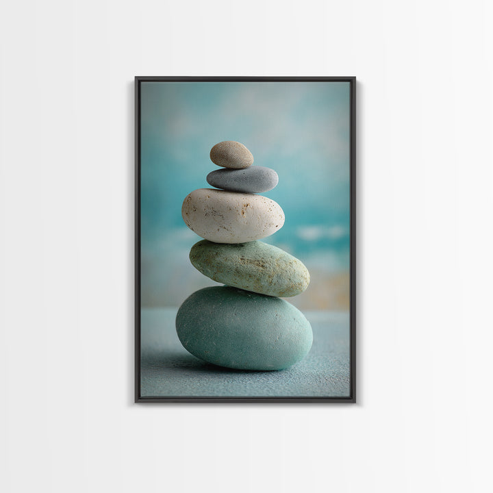 Monochrome Pebble Stack Framed Canvas Print, Bathroom Art, Digital Art, Bathroom Decor, Fine Art, Spa, Dopamine Decor, BAT-2x3-69