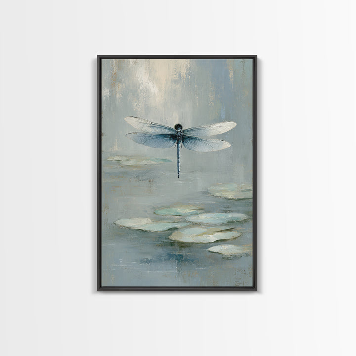 Delicate Dragonfly Above a Pond Surface Framed Canvas Print, Bathroom Art, Framed Wall Art, Bathroom Decor, Oil Painting, Spa, BAT-2x3-8