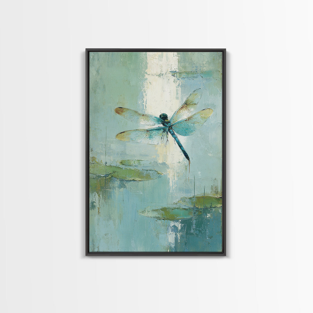 Delicate Dragonfly Above a Pond Surface Framed Canvas Print, Bathroom Art, Fine Art Print, Bathroom Decor, Fine Art, Spa, BAT-2x3-80