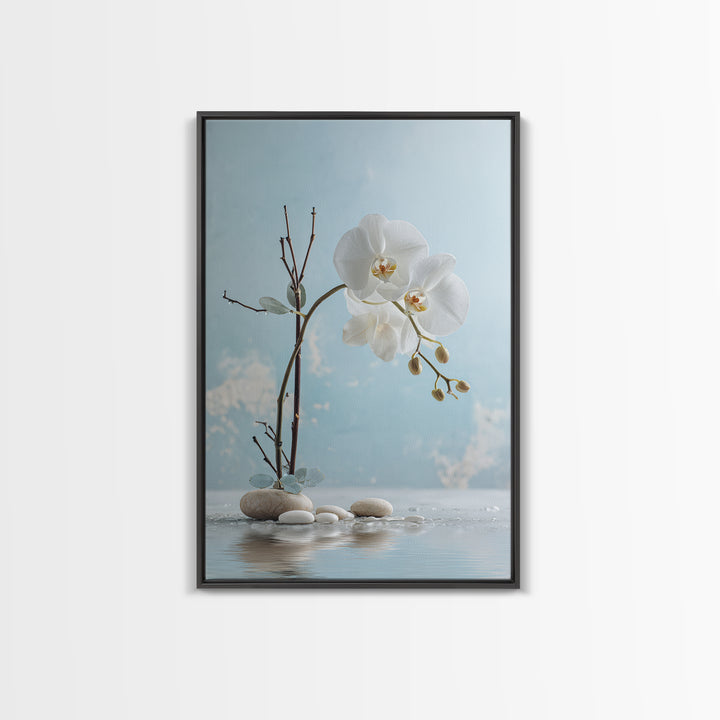 White Orchid on Warm Stone Background Framed Canvas Print, Bathroom Art, Canvas Wall Art, Bathroom Decor, Fine Art, Spa, BAT-2x3-84