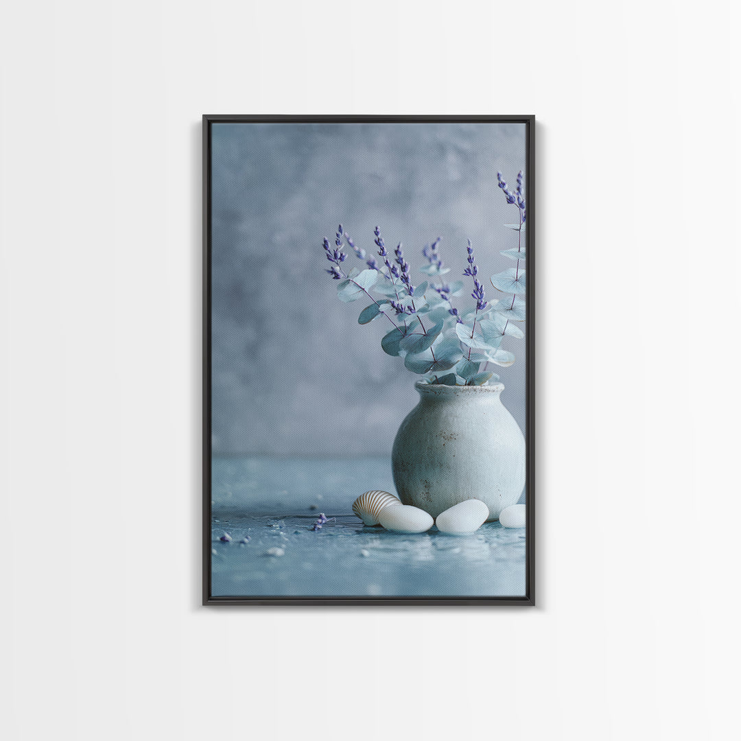 Lavender Sprigs in a Ceramic Vase Framed Canvas Print, Bathroom Art, Retro Wall Art, Bathroom Decor, Abstract Art, Spa, BAT-2x3-92