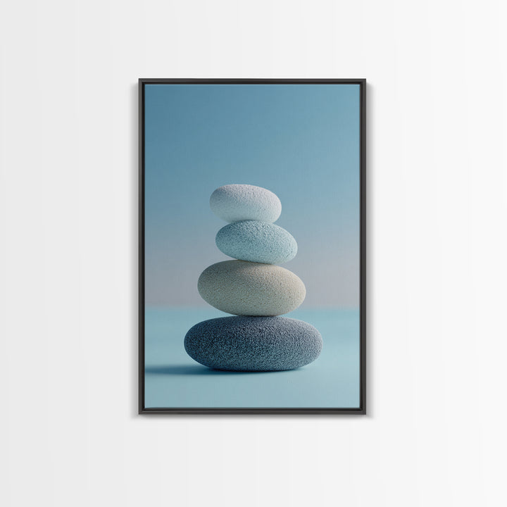 Monochrome Pebble Stack Framed Canvas Print, Bathroom Art, Digital Art, Bathroom Decor, Fine Art, Spa, Dopamine Decor, BAT-2x3-93