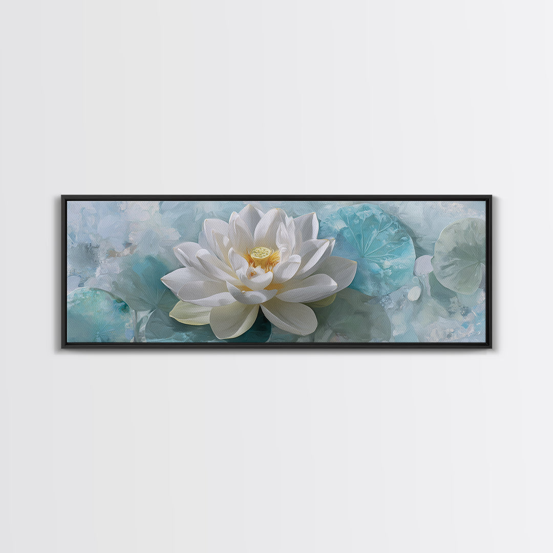 Lotus Flower Floating on Calm Water Framed Canvas Print, Bathroom Art, Modern Art, Bathroom Decor, Spa, Statement Artwork, BAT-3x1-12