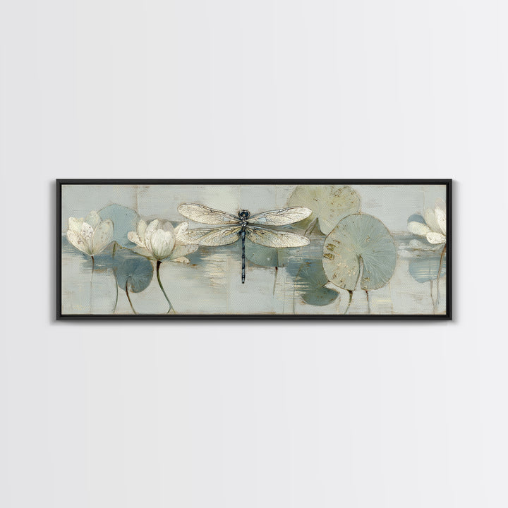 Delicate Dragonfly Above a Pond Surface Canvas Print, Bathroom Art, Unique Wall Art, Bathroom Decor, Spa, Gallery Decor, BAT-3x1-16