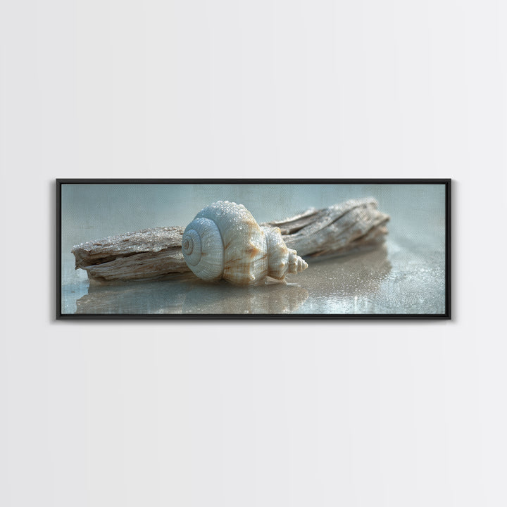Minimal Seashell Still Life on Pale Sand Canvas Print, Bathroom Art, Minimalist Decor, Bathroom Decor, Fine Art, Spa, BAT-3x1-43