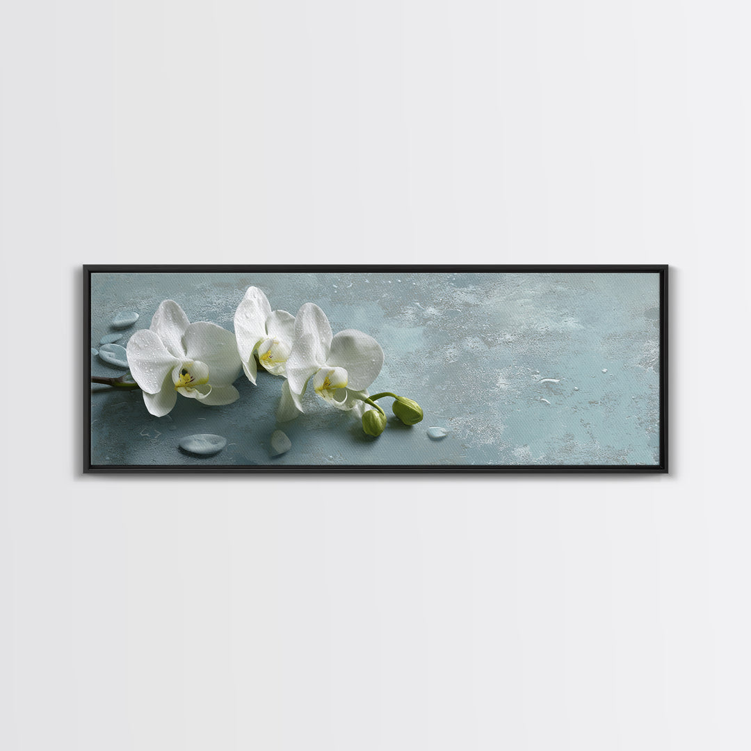 White Orchid on Warm Stone Background Framed Canvas Print, Bathroom Art, Gallery Decor, Bathroom Decor, Fine Art, Spa, BAT-3x1-44