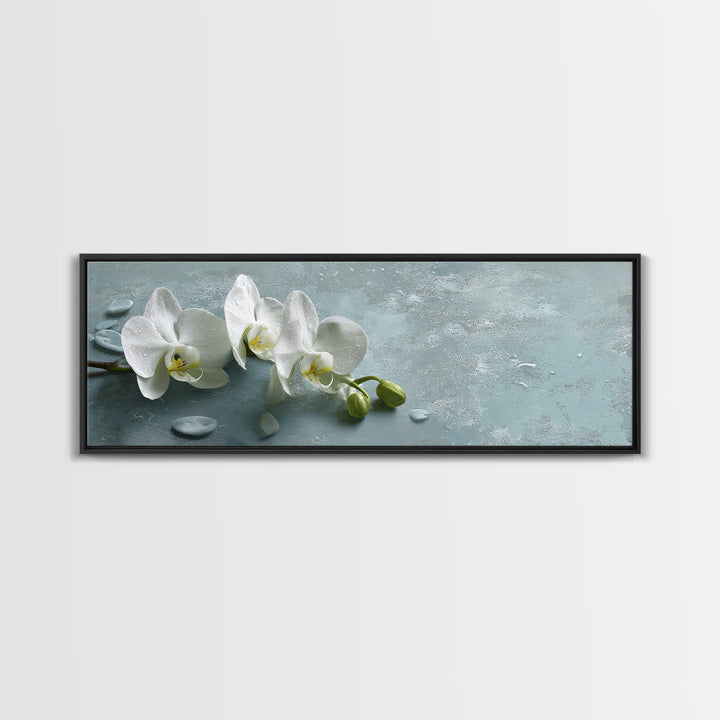 White Orchid on Warm Stone Background Framed Canvas Print, Bathroom Art, Gallery Decor, Bathroom Decor, Fine Art, Spa, BAT-3x1-44