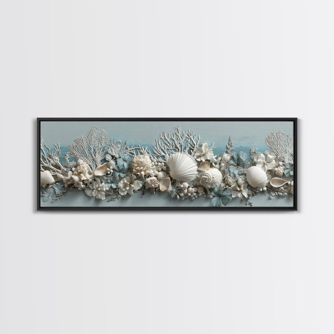 Coral and Shell Arrangement Framed Canvas Print, Bathroom Art, Wall Art, Bathroom Decor, Fine Art, Spa, Dog Portrait, BAT-3x1-51