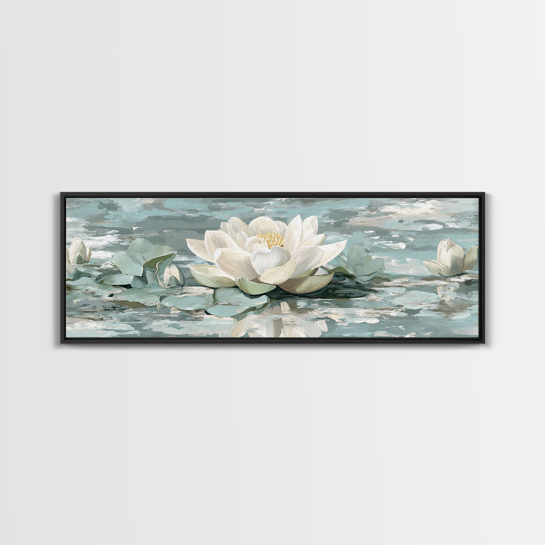 Lotus Flower Floating on Calm Water Framed Canvas Print, Bathroom Art, Fine Art Print, Bathroom Decor, Oil Painting, Spa, BAT-3x1-60